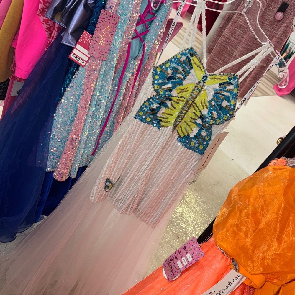 Rachel Allan white and Blue Butterfly Kids One Piece